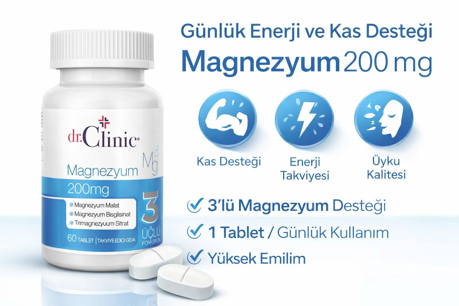 Dr.Clinic Magnezyum Tablet Üçlü Fonksiyon